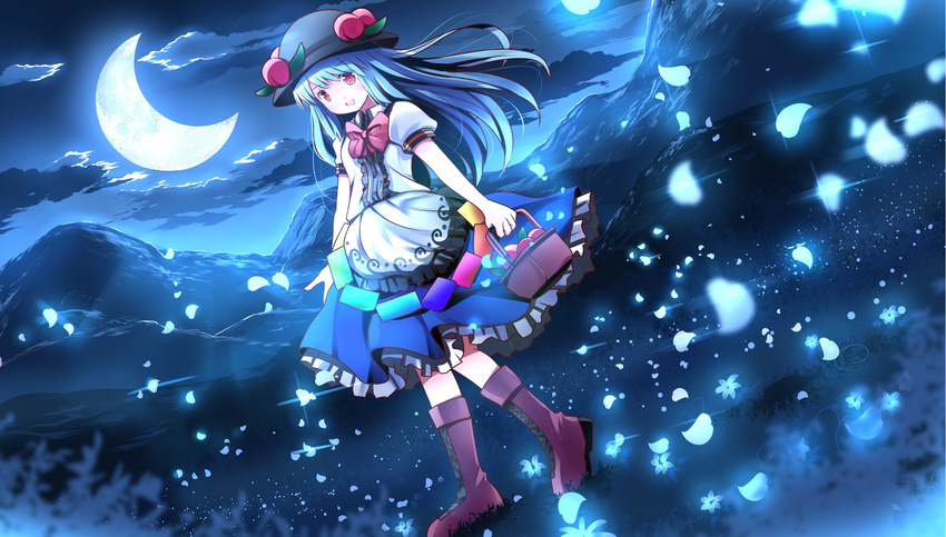 basket blue_hair boots cloud crescent_moon cross-laced_footwear food fruit glowing hat highres hinanawi_tenshi long_hair moon moonlight mountain night open_mouth peach petals puffy_short_sleeves puffy_sleeves red_eyes risutaru shirt short_sleeves skirt sky smile solo touhou walking