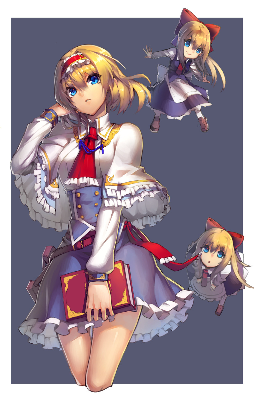 1girl :o adapted_costume alice_margatroid apron ascot bangs blonde_hair blue_eyes book bow capelet collared_shirt corset cowboy_shot cropped_legs double-breasted frilled_capelet frills grey_background grimoire_of_alice hair_between_eyes hair_bow hairband hand_in_hair hand_up head_tilt highres holding holding_book lolita_hairband long_hair long_sleeves looking_at_viewer open_mouth outside_border outstretched_arms parted_lips red_bow sash shanghai_doll shirt shoes short_hair skirt skirt_set smile spread_arms sukocchi thighs touhou very_long_hair vest waist_apron