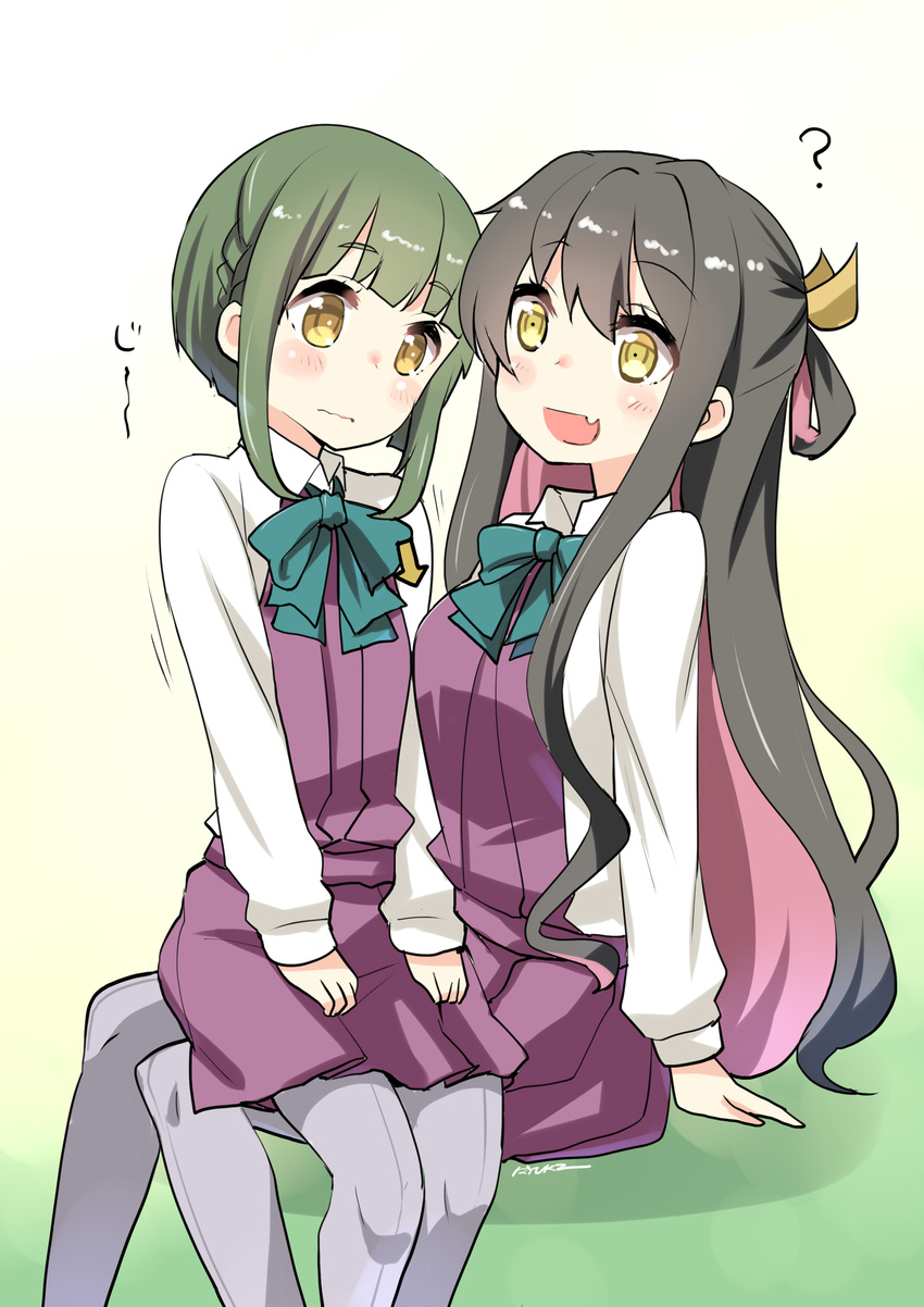 ? absurdres artist_name bangs black_hair blouse blush bob_cut braid breast_envy breasts commentary_request directional_arrow dress fang green_hair hair_ribbon highres kantai_collection large_breasts long_hair long_sleeves looking_at_breasts multicolored_hair multiple_girls naganami_(kantai_collection) open_mouth pantyhose pink_hair purple_legwear ribbon ryuki_(ryukisukune) school_uniform short_hair short_hair_with_long_locks sidelocks sitting sitting_on_lap sitting_on_person sleeveless sleeveless_dress smile takanami_(kantai_collection) wavy_mouth white_blouse yellow_eyes