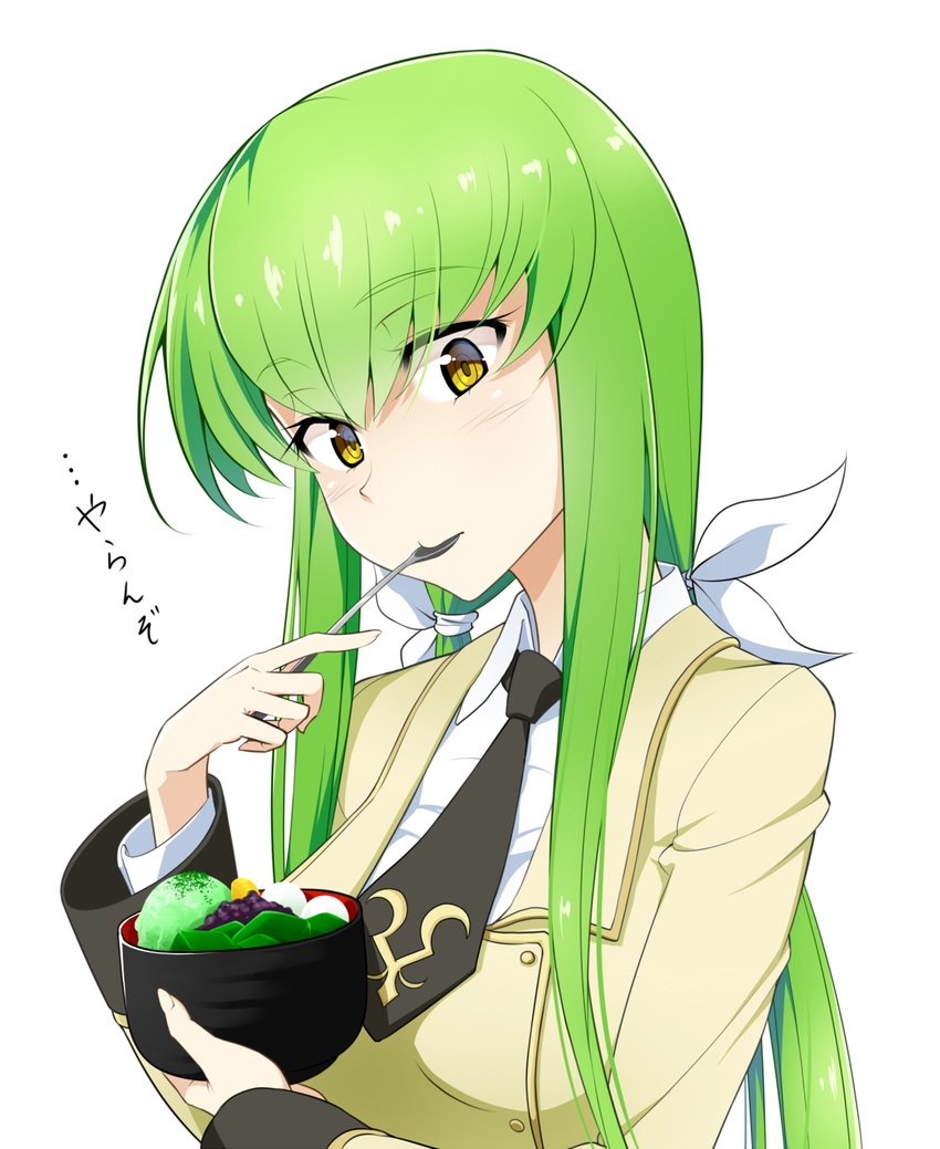 anmitsu_(dessert) ashford_academy_uniform bangs blazer bow bowl c.c. code_geass commentary eating eyebrows eyebrows_visible_through_hair food green_hair hair_bow highres jacket long_hair low_twintails mattari_yufi necktie school_uniform smile solo spoon spoon_in_mouth translated twintails yellow_eyes