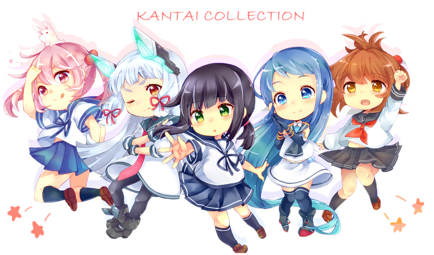 black_hair blue_eyes blue_hair brown_eyes brown_hair chibi folded_ponytail fubuki_(kantai_collection) green_eyes hall_jion inazuma_(kantai_collection) kantai_collection long_hair multiple_girls murakumo_(kantai_collection) orange_eyes pantyhose pink_eyes pink_hair samidare_(kantai_collection) sazanami_(kantai_collection) school_uniform serafuku short_hair silver_hair thighhighs twintails