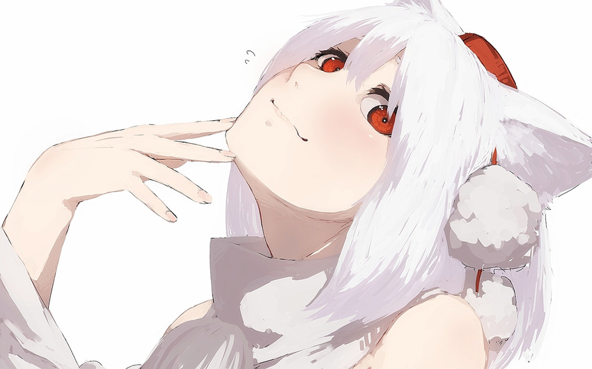 albino animal_ears arm_up bare_shoulders blush close-up closed_mouth detached_sleeves face fingernails fingers_to_chin flying_sweatdrops hat head_tilt inubashiri_momiji long_sleeves looking_at_viewer pom_pom_(clothes) red_eyes red_hat shaft_look short_hair sleeveless smile solo sweater_vest terimayo tokin_hat touhou turtleneck upper_body white_hair wolf_ears