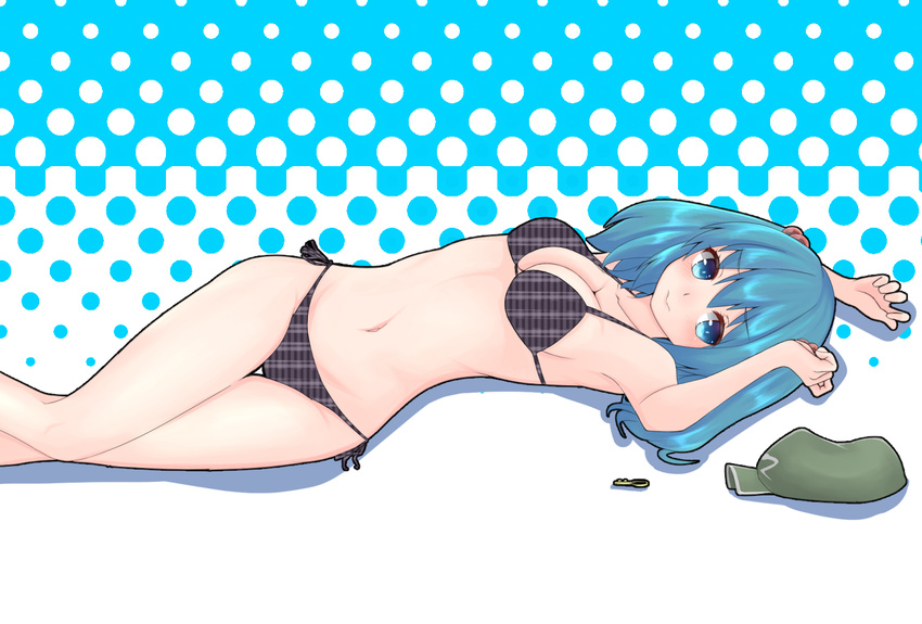 aqua_hair bare_shoulders bikini black_bikini blue_eyes blue_hair blush breasts checkered checkered_bikini checkered_swimsuit cleavage collarbone groin hair_bobbles hair_ornament hat hat_removed headwear_removed kawashiro_nitori key large_breasts legs lips lying midriff navel on_back on_floor ren(kei) short_hair side-tie_bikini side-tie_swimsuit solo swimsuit thigh_gap touhou two_side_up