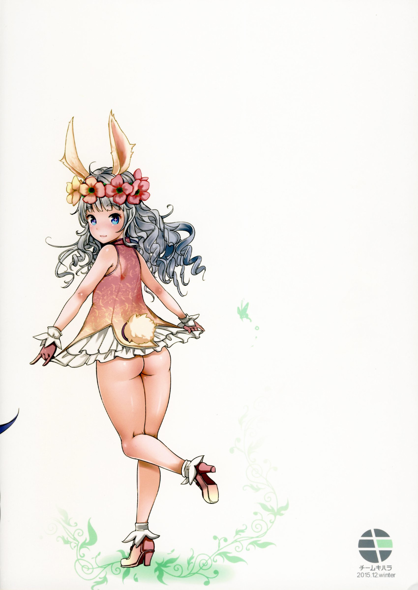 1girl absurdres animal_ears ass blue_eyes bunny_ears curly_hair dress dress_lift elin_(tera) flower from_behind full_body gloves hair_flower hair_ornament head_wreath high_heels highres kneepits legs long_hair looking_back mary_janes microdress mojarin_(kihara_mojarin) no_panties non-web_source shoes silver_hair simple_background sleeveless sleeveless_dress smile socks solo standing standing_on_one_leg symbol-shaped_pupils tail tera_online white_background
