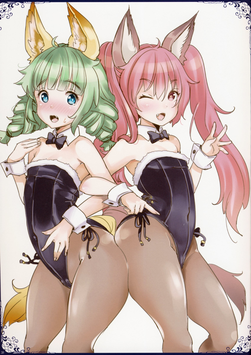 absurdres animal_ears ass-to-ass back-to-back bare_shoulders blush bow bowtie braid detached_collar dog_ears elin_(tera) embarrassed fang heart heart-shaped_pupils highres leotard locked_arms long_hair looking_at_viewer mojarin_(kihara_mojarin) multiple_girls pantyhose playboy_bunny_leotard smile symbol-shaped_pupils tail tears tera_online twin_braids twintails waving wrist_cuffs