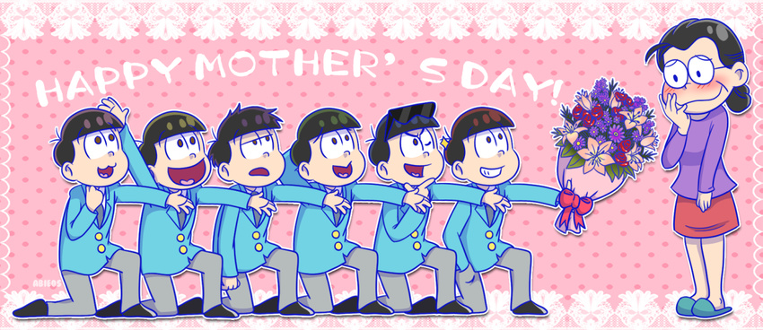 black_hair blush bouquets brown_eyes brown_hair character_request copyright_request glasses mother's_day mother's_day osomatsu-kun sunglasses