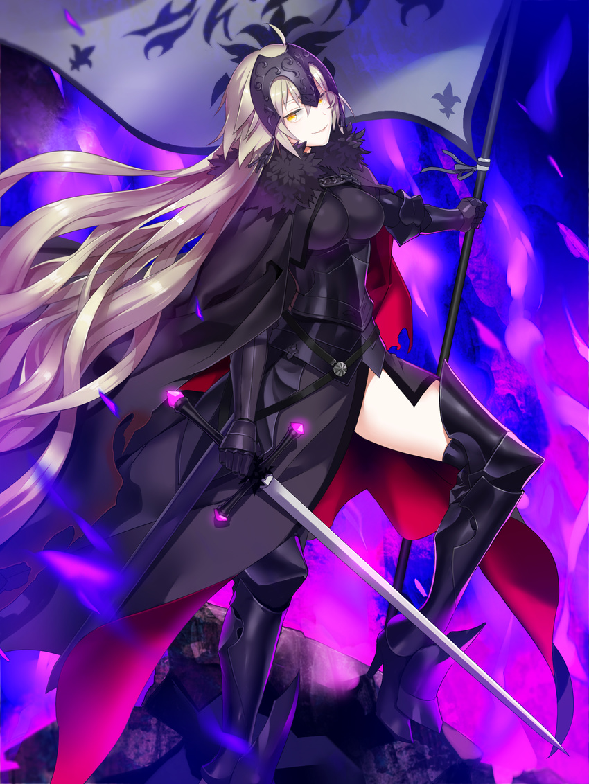 absurdres armor blonde_hair breasts fate/grand_order fate_(series) flag gauntlets headpiece highres jeanne_d'arc_(alter)_(fate) jeanne_d'arc_(fate)_(all) long_hair medium_breasts popompon smile solo sword thighhighs weapon yellow_eyes