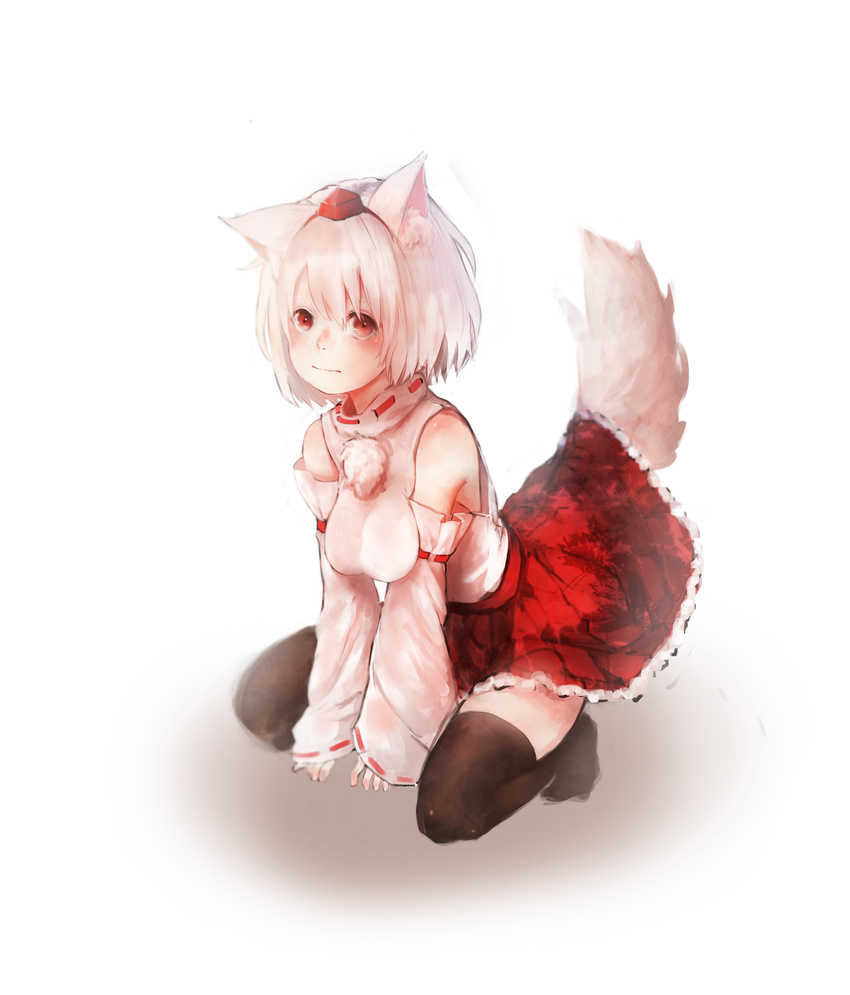 absurdres animal_ears bare_shoulders black_legwear breasts detached_sleeves hat heoningu highres inconvenient_tail inubashiri_momiji large_breasts looking_at_viewer miniskirt pom_pom_(clothes) red_eyes ribbon-trimmed_sleeves ribbon_trim short_hair silver_hair simple_background sitting skirt skirt_lift solo tail thighhighs tokin_hat touhou white_background wide_sleeves wolf_ears wolf_tail