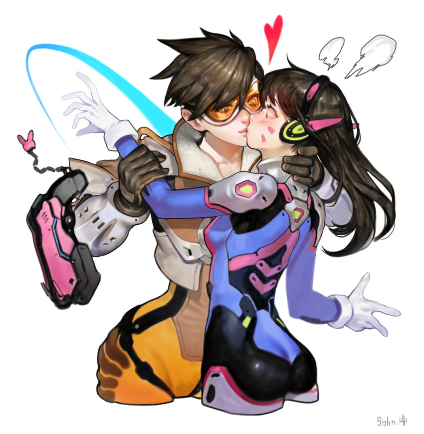 artstation_sample ass black_hair blush bodysuit breasts cropped_jacket cropped_legs d.va_(overwatch) disarming facepaint facial_mark goggles gun handgun headphones heart highres image_sample kiss long_hair multiple_girls orange_bodysuit overwatch pistol short_hair simple_background small_breasts sohn_woohyoung surprise_kiss surprised tracer_(overwatch) weapon whisker_markings white_background wrist_grab yuri