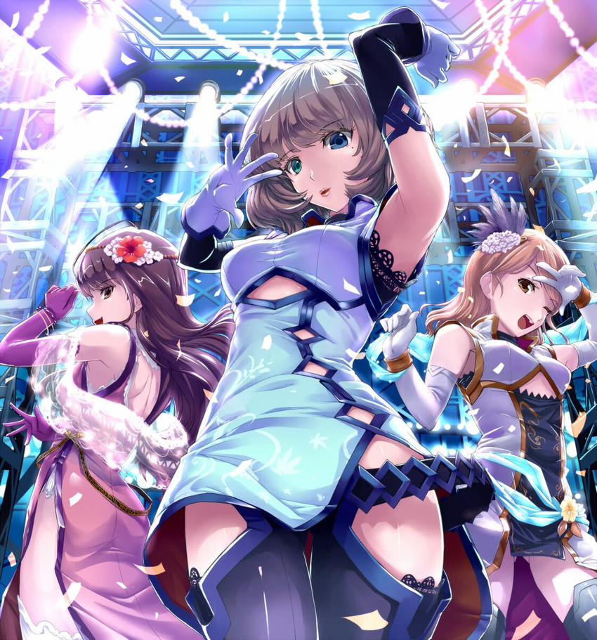 ahoge bad_id bad_twitter_id blue_eyes blush breasts brown_eyes brown_hair china_dress chinese_clothes concert confetti dress elbow_gloves from_side gloves green_eyes heterochromia hi-ho- highres houjou_karen ichinose_shiki idolmaster idolmaster_cinderella_girls long_hair looking_at_viewer medium_breasts mole mole_under_eye multiple_girls parted_lips shawl short_hair smile takagaki_kaede thighhighs