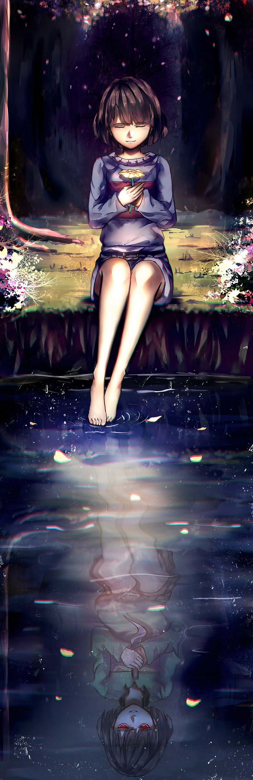 androgynous barefoot belt brown_hair chara_(undertale) closed_eyes collared_shirt different_reflection evil_smile flower frisk_(undertale) highres holding holding_flower holding_knife knife neekochanii parted_lips pond red_eyes reflection ripples shirt shorts smile spoilers striped striped_shirt striped_sweater sweater tree undertale