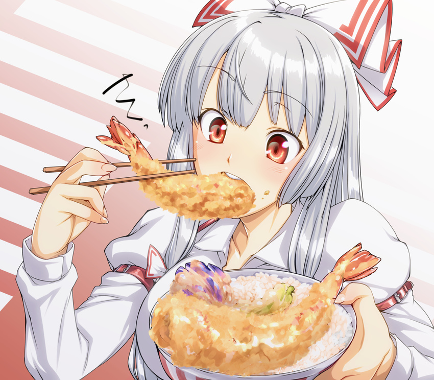 bangs bow bowl chopsticks eating ebido eyebrows eyebrows_visible_through_hair food fujiwara_no_mokou hair_bow juliet_sleeves long_hair long_sleeves looking_at_viewer puffy_sleeves red_eyes rice shirt silver_hair simple_background solo teeth tempura touhou upper_body white_shirt