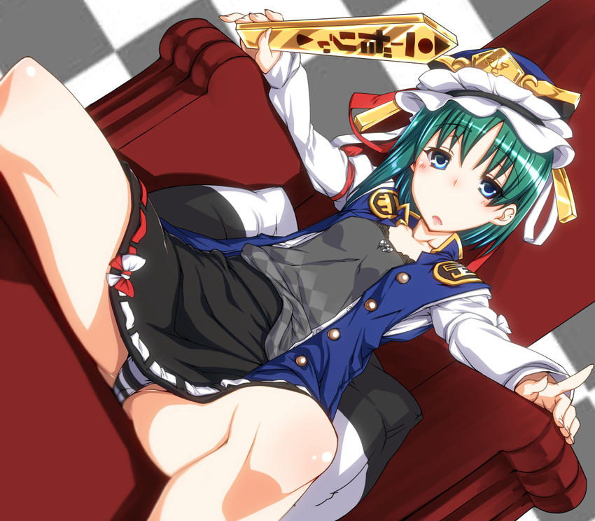 armchair black_shirt black_skirt blue_eyes blue_vest chair checkered checkered_background dutch_angle ebido green_hair hat long_sleeves miniskirt open_clothes open_vest panties pantyshot pantyshot_(sitting) rod_of_remorse shiki_eiki shirt sitting skirt solo spread_legs striped striped_panties touhou underwear vest