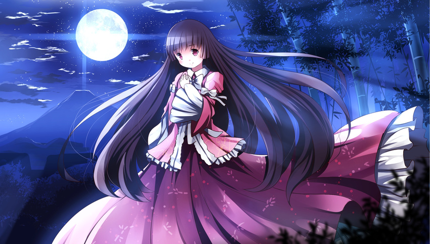 bad_id bad_pixiv_id bamboo bamboo_forest black_hair cloud forest full_moon highres hime_cut houraisan_kaguya long_hair long_sleeves moon moonlight mountain nature night outdoors pink_eyes risutaru shirt skirt sky solo star_(sky) starry_sky touhou wide_sleeves