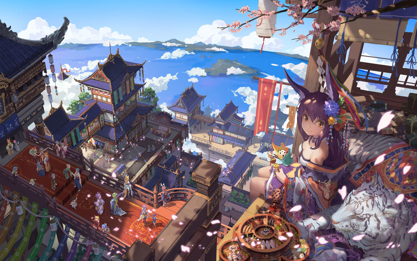 architecture building cherry_blossoms cloud day detached_collar east_asian_architecture flower food fox_ears hair_flower hair_ornament japanese_clothes lantern long_hair miko original paper_lantern purple_hair sanyuejiuri sketch sky solo_focus sushi tiger white_tiger yellow_eyes