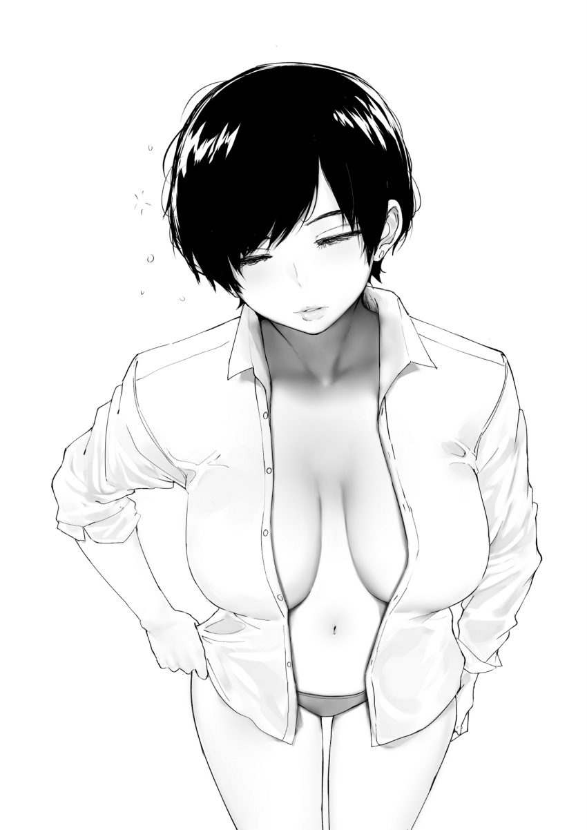 arms_behind_back breasts cleavage cowboy_shot eyes_closed greyscale highres large_breasts monochrome navel norman_maggot office_lady olive_laurentia open_clothes open_shirt panties shirt short_hair simple_background sleepy underwear white_background white_shirt