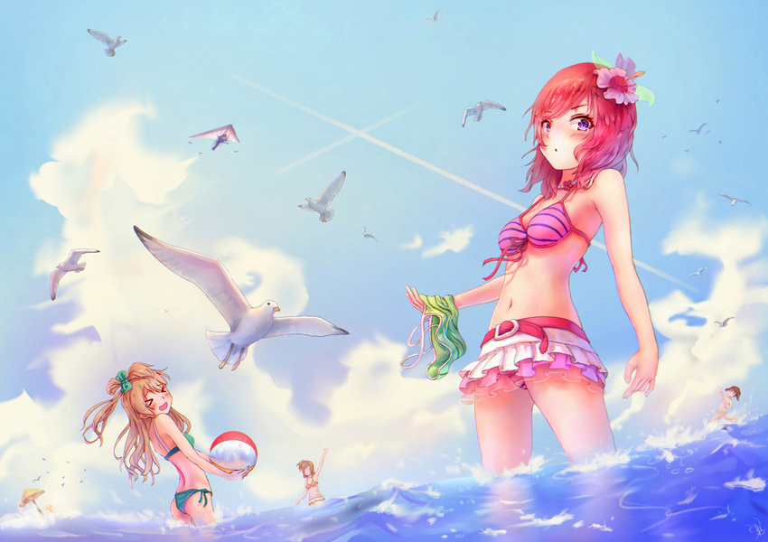 &gt;_&lt; aircraft ass assisted_exposure ayase_eli ball beach_umbrella beachball belt bikini bikini_skirt bikini_top bikini_top_removed bird blush brown_hair closed_eyes cloud condensation_trail covering covering_breasts day embarrassed flower front-tie_top glider hair_flower hair_ornament highres jay_xu kousaka_honoka looking_at_viewer love_live! love_live!_school_idol_project md5_mismatch minami_kotori multiple_girls natsuiro_egao_de_1_2_jump! navel nishikino_maki ocean outdoors purple_eyes red_hair seagull side-tie_bikini sky strap_gap striped striped_bikini swimsuit toujou_nozomi umbrella wading water yazawa_nico