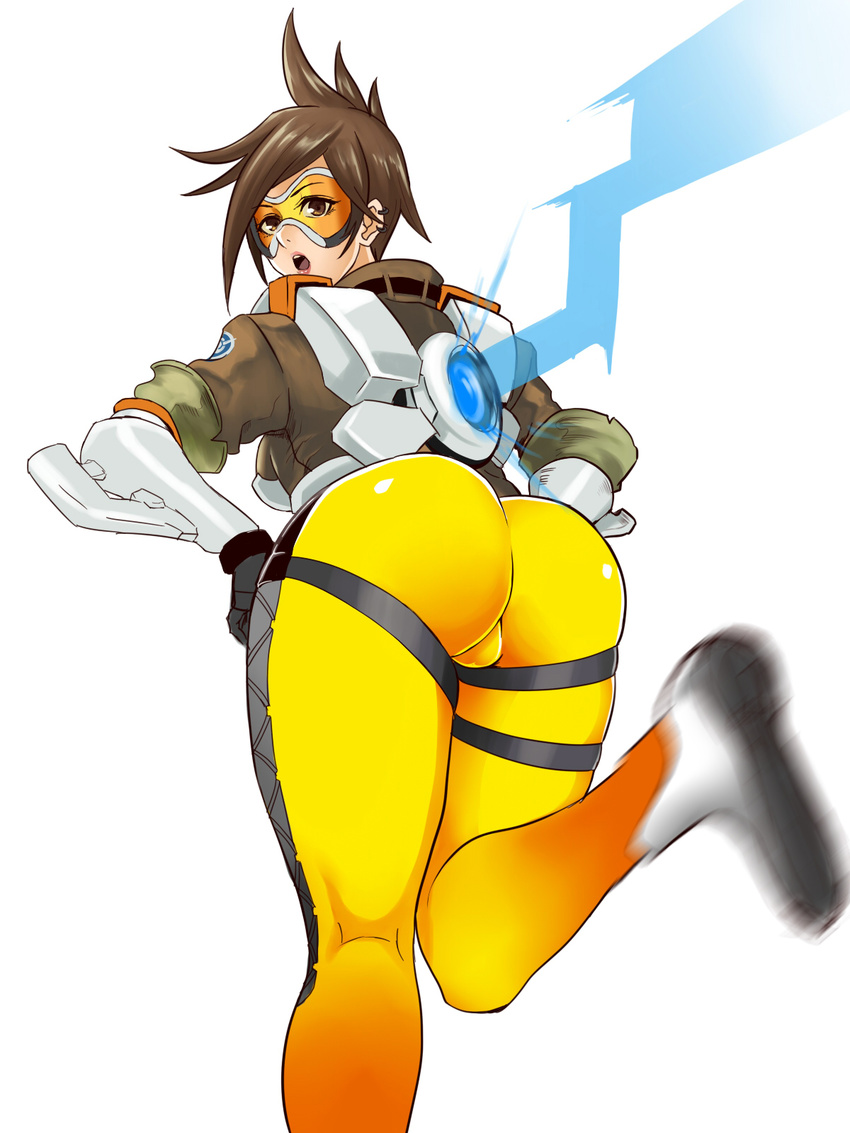 :o ass bodysuit breasts brown_eyes brown_hair goggles hands_on_hips highres leaning_forward leg_lift looking_at_viewer looking_back medium_breasts motion_blur orange_bodysuit overwatch pants shibusun short_hair solo thighs tight tight_pants tracer_(overwatch)