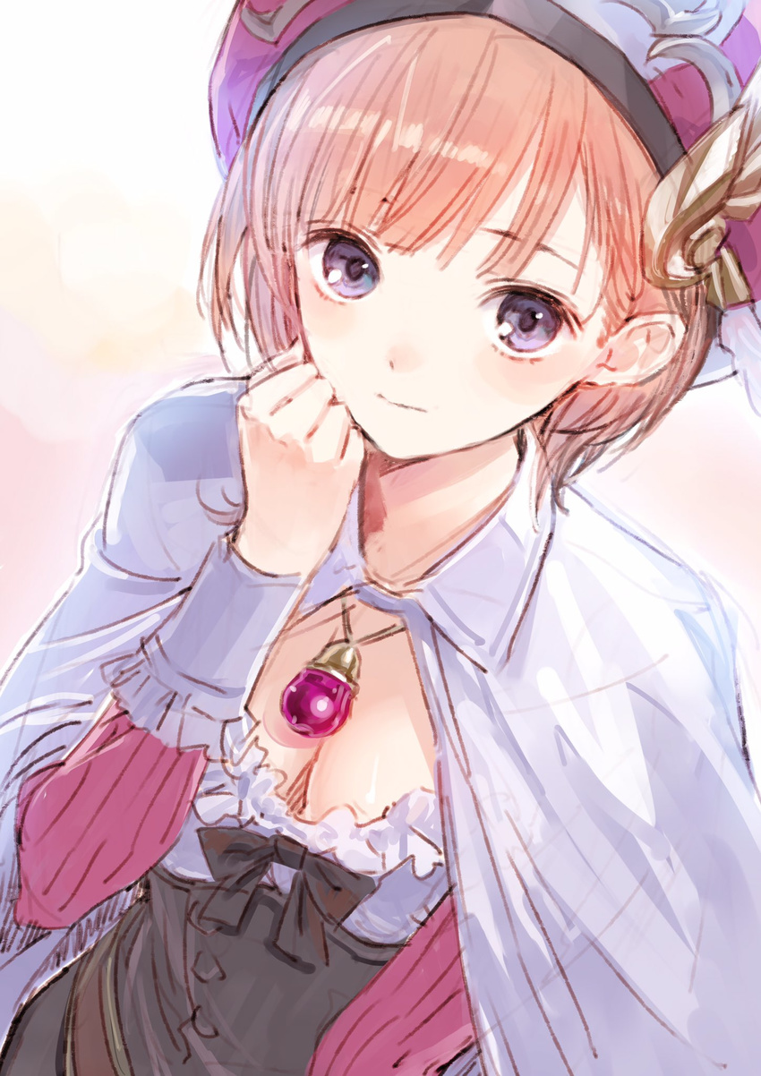 atelier_(series) atelier_rorona breasts brown_hair cleavage frills hat highres jewelry kishida_mel long_sleeves medium_breasts necklace official_art rororina_fryxell sketch solo