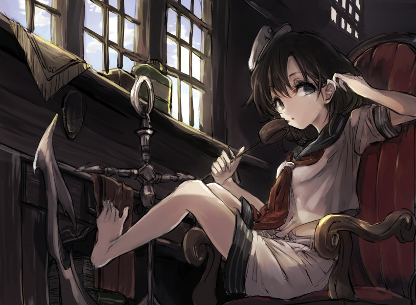 anchor barefoot black_hair chair dress grey_eyes hat hishaku hisona_(suaritesumi) indoors ladle murasa_minamitsu neckerchief puffy_short_sleeves puffy_sleeves sailor sailor_dress sailor_hat shirt short_sleeves shorts sitting solo touhou window