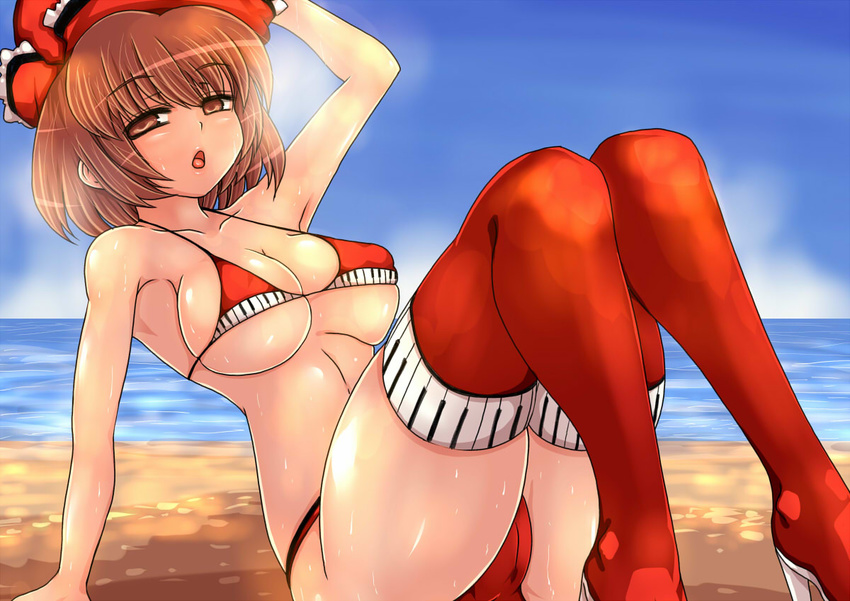 :o arm_support arm_up bangs beach bikini breasts brown_eyes brown_hair cameltoe collarbone day half-closed_eyes hat high_heels knees_up large_breasts looking_at_viewer lyrica_prismriver micro_bikini n_(dai_n_honpo) ocean open_mouth outdoors piano_print red_bikini red_legwear shiny shiny_skin short_hair sitting solo sweat swimsuit thighhighs touhou