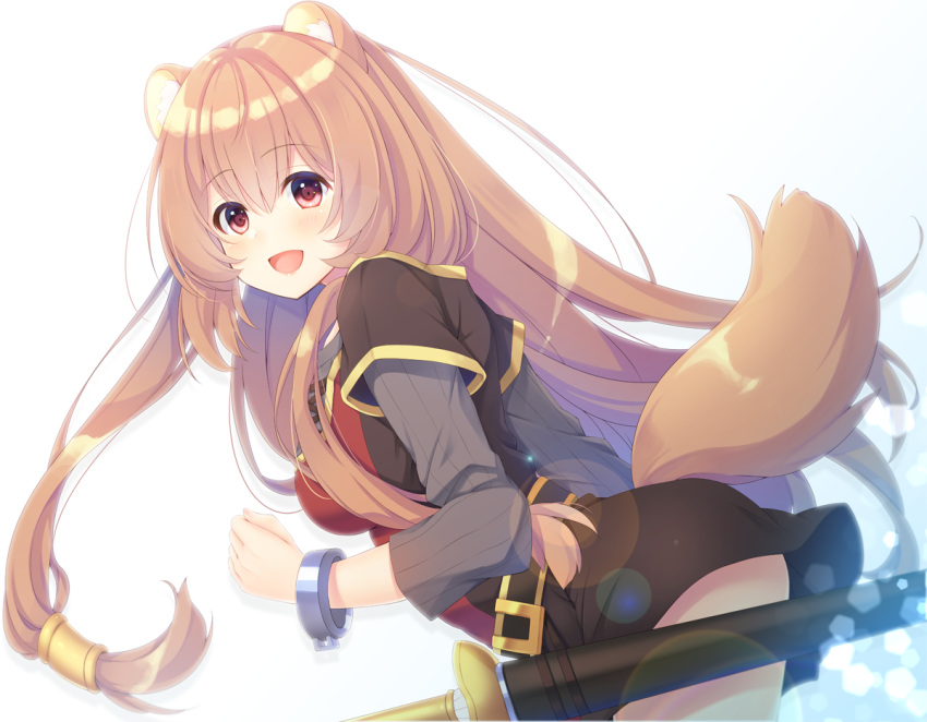 1girl :d animal_ear_fluff animal_ears bangs blush breasts brown_jacket brown_skirt commentary_request cuffs eyebrows_visible_through_hair grey_sweater hair_between_eyes hair_ornament jacket light_brown_hair long_hair long_sleeves looking_at_viewer looking_to_the_side medium_breasts mizukoshi_mayu open_mouth raccoon_ears raccoon_girl raccoon_tail raphtalia red_eyes ribbed_sweater sheath sheathed short_over_long_sleeves short_sleeves skirt smile solo sweater sword tail tate_no_yuusha_no_nariagari very_long_hair weapon white_background