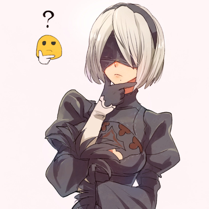 1girl black_blindfold black_dress black_gloves black_hairband blindfold cleavage_cutout dress feather-trimmed_sleeves gloves hairband hand_on_own_chin juliet_sleeves long_sleeves mole mole_under_mouth nier_(series) nier_automata puffy_sleeves short_hair silver_hair simple_background solo thinking thinking_emoji u-ka_(pixiv5407) upper_body yorha_no._2_type_b