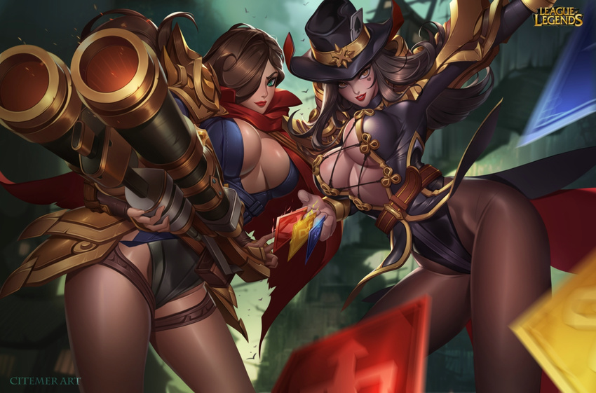 2girls breasts citemer cleavage genderswap gun hat league_of_legends malcolm_graves pantyhose twisted_fate weapon