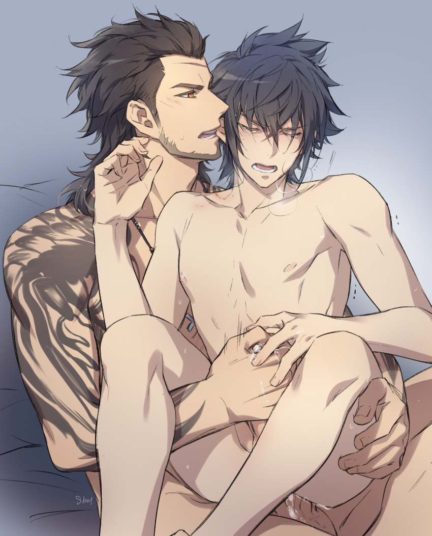 2boys anal ass_juice facial_hair final_fantasy final_fantasy_xv gladiolus_amicitia highres lifting multiple_boys noctis_lucis_caelum nude penetration penis saliva sex size_difference steam tattoo yaoi