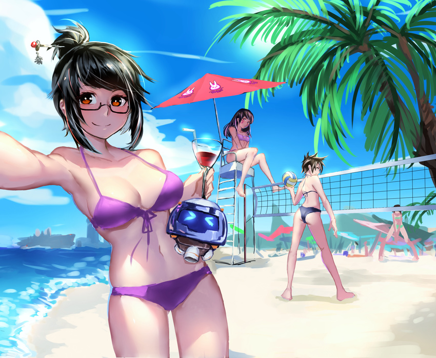 &gt;_&lt; animal_print armpits ass back bare_legs bare_shoulders barefoot beach beach_umbrella beach_volleyball beads bikini black_hair breasts bunny_print chair character_name cleavage cleavage_cutout closed_eyes closed_mouth cloud collarbone cup d.va_(overwatch) day drinking_glass drinking_straw facepaint facial_mark front-tie_bikini front-tie_top glass glasses hair_bun hair_ornament hair_stick highres holding holding_cup large_breasts lifeguard_chair long_hair looking_at_viewer looking_back mei_(overwatch) multiple_girls navel net orange_eyes outdoors overwatch pauld purple_bikini reaching_out sand self_shot semi-rimless_eyewear short_hair sitting sky smile standing stomach swimsuit tracer_(overwatch) tree umbrella under-rim_eyewear water whisker_markings