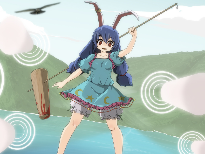 ambiguous_red_liquid animal_ears blood bloomers blue_dress blue_hair blue_sky blush breasts bunny_ears cloud cloudy_sky collarbone crazy_eyes crazy_smile crescent day dress ear_clip emanon fate/stay_night fate_(series) food frills gate_of_babylon hammer highres holding holding_weapon kine low_twintails mallet mochi moon_print moon_rabbit open_mouth puffy_short_sleeves puffy_sleeves red_eyes seiran_(touhou) short_dress short_hair short_sleeves sky small_breasts smile solo stain star star_print touhou twintails underwear water weapon