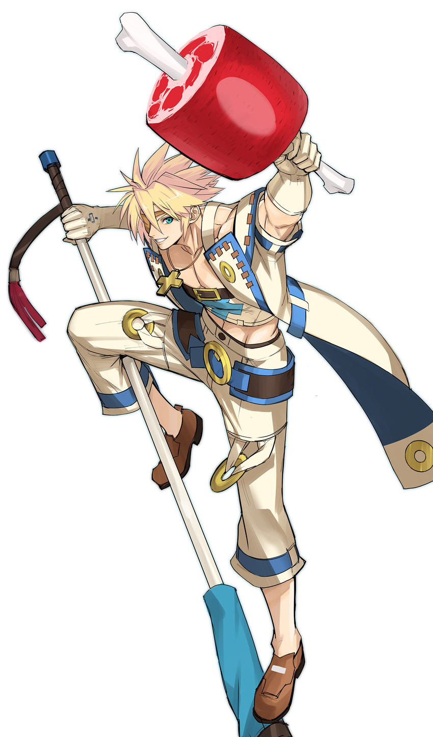 absurdres belt blonde_hair blue_eyes boned_meat cross cross_necklace eyepatch flagpole food full_body gloves guilty_gear guilty_gear_xrd highres jewelry loafers male_focus meat necklace pectorals shoes sin_kiske solo spiked_hair tetsu_(kimuchi) weapon white_background white_gloves