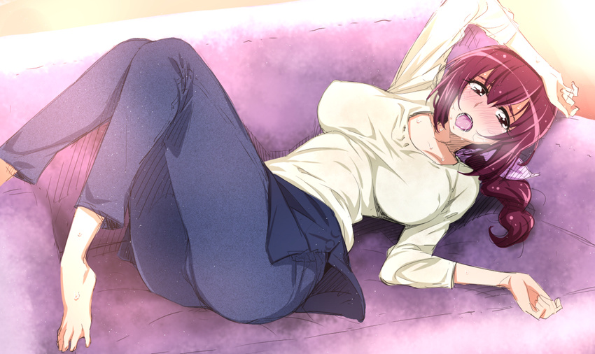 barefoot blush breasts breasts_apart breath brown_eyes couch covered_nipples full-face_blush hand_on_own_head hoshizora_ikuyo large_breasts lying mature nakahira_guy on_back open_mouth pants pants_under_skirt precure red_eyes red_hair saliva smile_precure! solo spread_toes sweat tongue tongue_out
