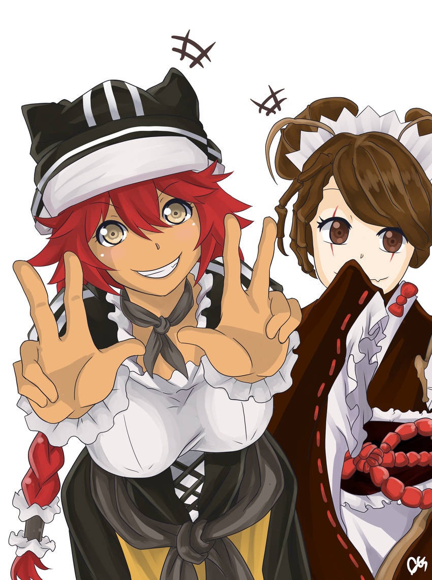 artist_request braid brown_hair covering_mouth dark_skin double_bun entoma_vasilissa_zeta fangs hat insect_girl japanese_clothes kimono long_sleeves looking_at_viewer lupusregina_beta maid maid_apron maid_headdress monster_girl multiple_girls overlord_(maruyama) red_hair sleeves_past_wrist smile twin_braids v