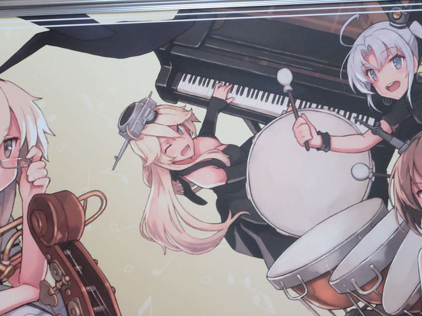 ahoge akitsushima_(kantai_collection) black_dress blonde_hair breasts dress formal glasses grey_hair hair_between_eyes highres instrument iowa_(kantai_collection) kantai_collection large_breasts long_hair looking_at_viewer multiple_girls mutsu_(kantai_collection) official_art one_eye_closed piano shimakaze_(kantai_collection) shizuma_yoshinori smile timpani