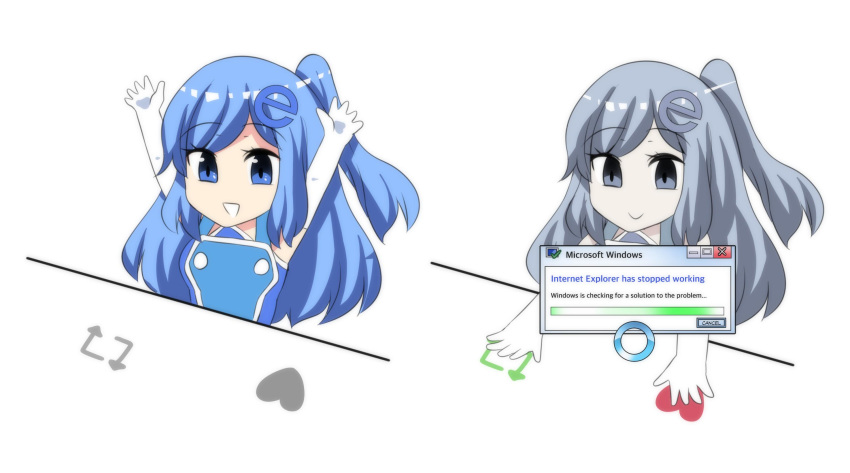 1girl :d arms_up bangs blue_hair bongo_cat buffering closed_mouth elbow_gloves english_text error_message eyebrows_visible_through_hair gloves hair_oranment heart highres hinghoi internet_explorer long_hair meme multiple_views one_side_up open_mouth os-tan smile swept_bangs white_gloves windows