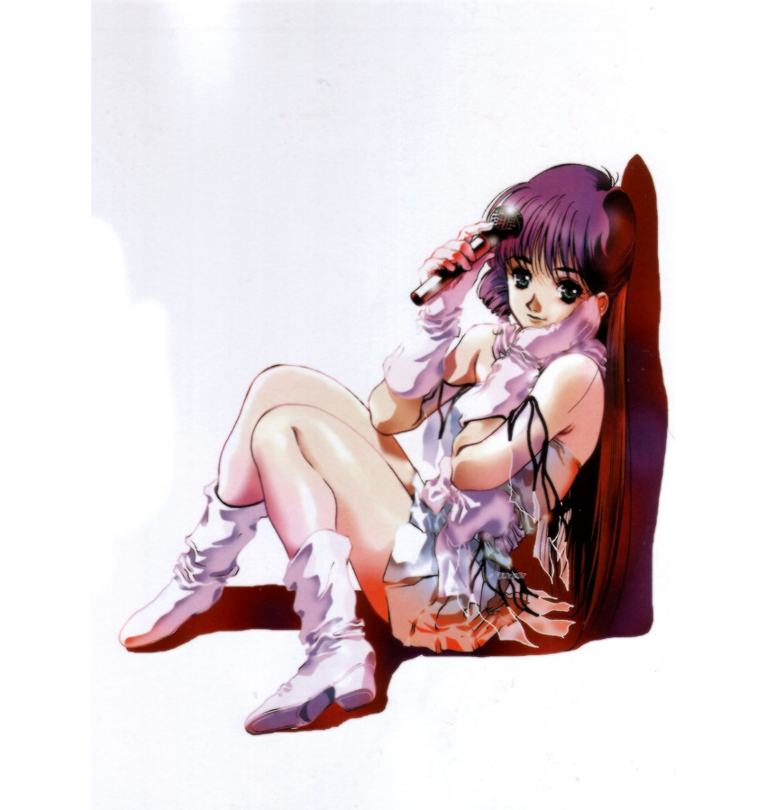 80s boots choujikuu_yousai_macross gloves hands highres legs lips long_hair looking_at_viewer lynn_minmay macross macross:_do_you_remember_love? microphone mikimoto_haruhiko oldschool simple_background sitting skirt smile solo white_background