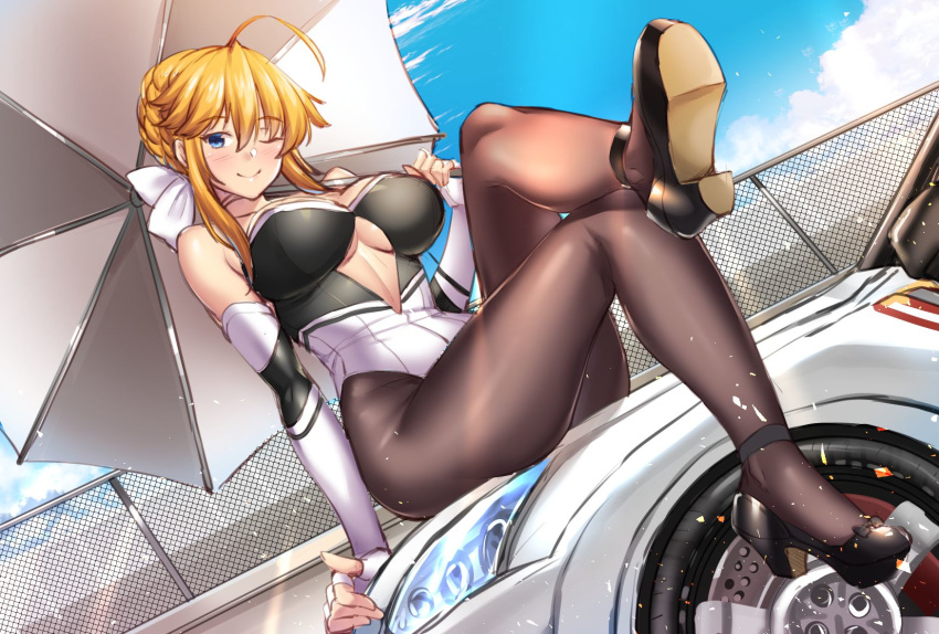 1girl adapted_costume ahoge artoria_pendragon_(all) artoria_pendragon_(lancer) azur_lane bangs blush braid breasts brown_legwear car center_opening chain-link_fence closed_mouth cloud commentary_request cosplay day dutch_angle elbow_gloves eyebrows_visible_through_hair fate/grand_order fate_(series) fence fingerless_gloves french_braid full_body gloves green_eyes ground_vehicle hair_between_eyes high_heels highres large_breasts legs_crossed leotard looking_at_viewer motor_vehicle on_vehicle one_eye_closed outdoors race_queen ribbon shirokuma_a sidelocks sitting sky sleeveless solo strapless strapless_leotard swept_bangs takao_(azur_lane) takao_(azur_lane)_(cosplay) thighhighs thighs underboob white_gloves white_ribbon