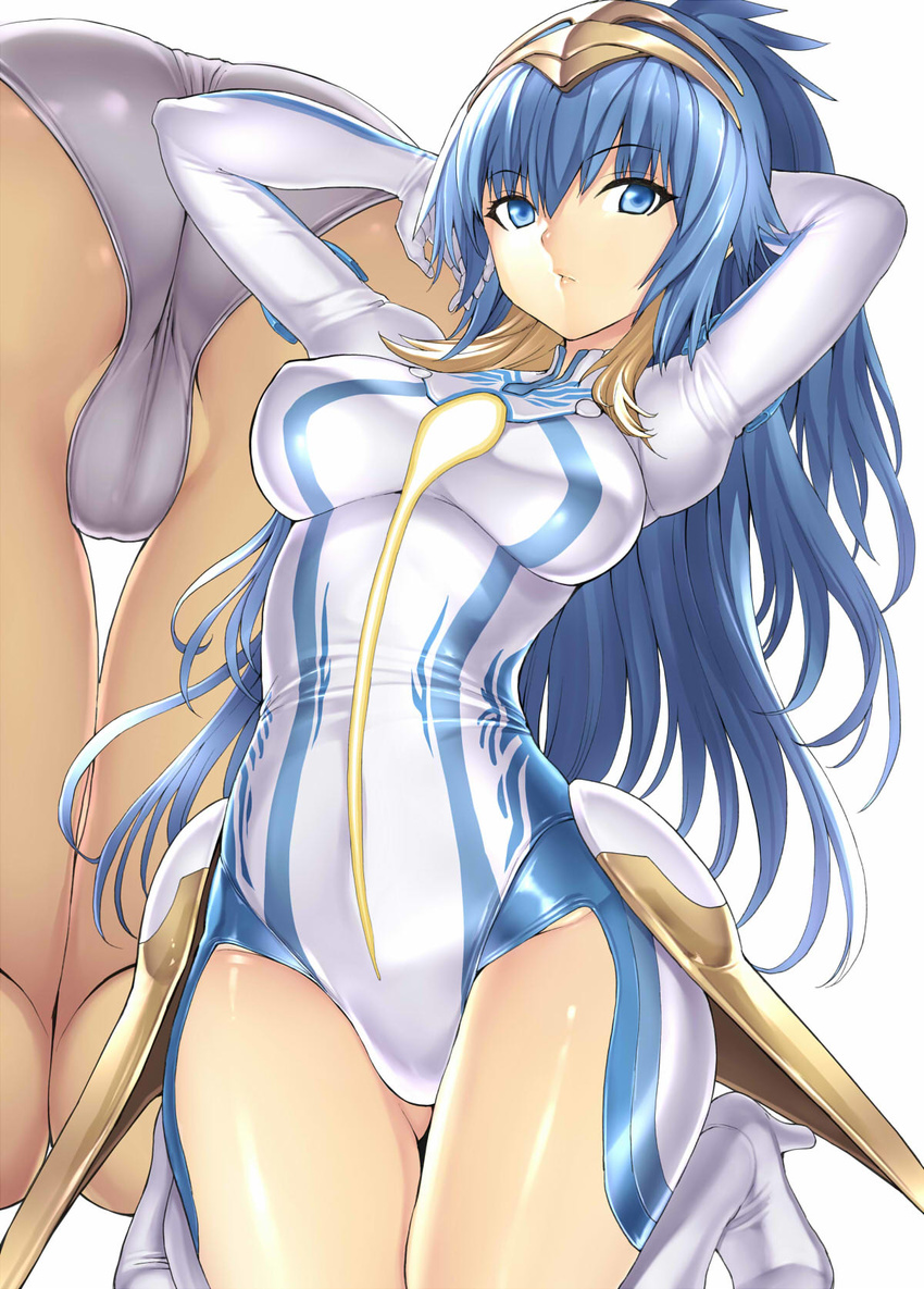 armor arms_behind_head arms_up ass ass_visible_through_thighs bangs beatmania beatmania_iidx bemani blonde_hair blue_eyes blue_hair boots breasts cameltoe circlet close-up covered_nipples cuvelia expressionless eyebrows eyebrows_visible_through_hair faulds from_behind gloves hair_between_eyes hakaba_(dairiseki) headgear high_heel_boots high_heels high_ponytail highres kneeling large_breasts leotard long_hair looking_at_viewer mtu_virus multicolored_hair multiple_views partially_visible_vulva ponytail simple_background skin_tight thigh_gap thighs turtleneck two-tone_hair very_long_hair white_background white_footwear