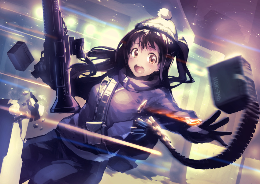 bangs beanie belt black_hair blush box broken brown_eyes brown_hair building bullet dutch_angle elcan_scope gloves gun hat highres holding holding_gun holding_weapon idolmaster idolmaster_cinderella_girls lens_flare light_particles long_hair long_sleeves looking_at_viewer looking_to_the_side m60 machine_gun motion_blur noname_(metaldragonfly) one_side_up open_mouth outstretched_arms parody pocket pom_pom_(clothes) shell_casing shimamura_uzuki solo tom_clancy's_the_division turtleneck weapon white_hat zipper