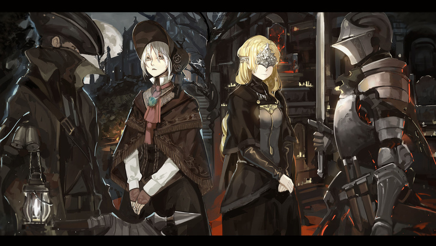 2girls armor ashen_one_(dark_souls_3) bangs blindfold blonde_hair bloodborne bonnet cape capelet cloak crossover dark_souls_iii doll_joints fire_keeper full_armor gauntlets gloves hat helmet highres holding holding_sword holding_weapon hunter_(bloodborne) jewelry letterboxed long_hair mask multiple_boys multiple_girls necklace plain_doll saberiii short_hair silver_hair souls_(from_software) swept_bangs sword tricorne weapon