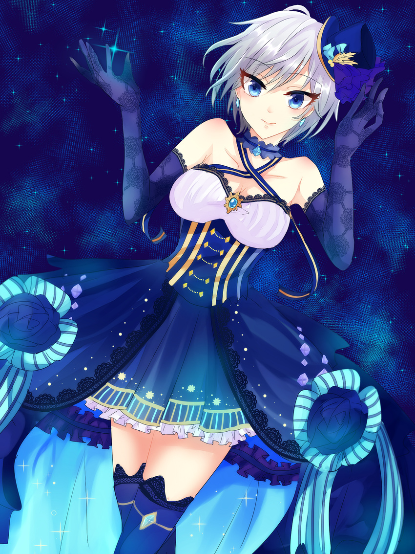 anastasia_(idolmaster) blue_eyes criss-cross_halter elbow_gloves gloves halter_top halterneck hat highres idolmaster idolmaster_cinderella_girls idolmaster_cinderella_girls_starlight_stage ruchita short_hair silver_hair smile solo thighhighs