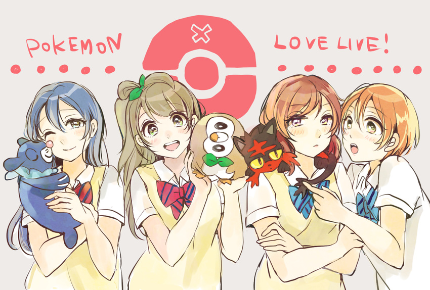 alice-yuki blue_hair brown_hair copyright_name crossover gen_7_pokemon hoshizora_rin light_brown_hair litten long_hair love_live! love_live!_school_idol_project minami_kotori multiple_girls nishikino_maki orange_hair pokemon pokemon_(creature) pokemon_(game) pokemon_sm popplio purple_eyes red_hair rowlet short_hair sonoda_umi sweater_vest yellow_eyes