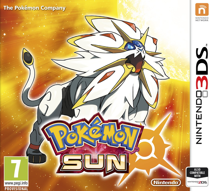 box_art copyright_name full_body gen_7_pokemon handheld_game_console highres legendary_pokemon nintendo nintendo_3ds no_humans official_art open_mouth pokemon pokemon_(creature) pokemon_(game) pokemon_sm solgaleo standing