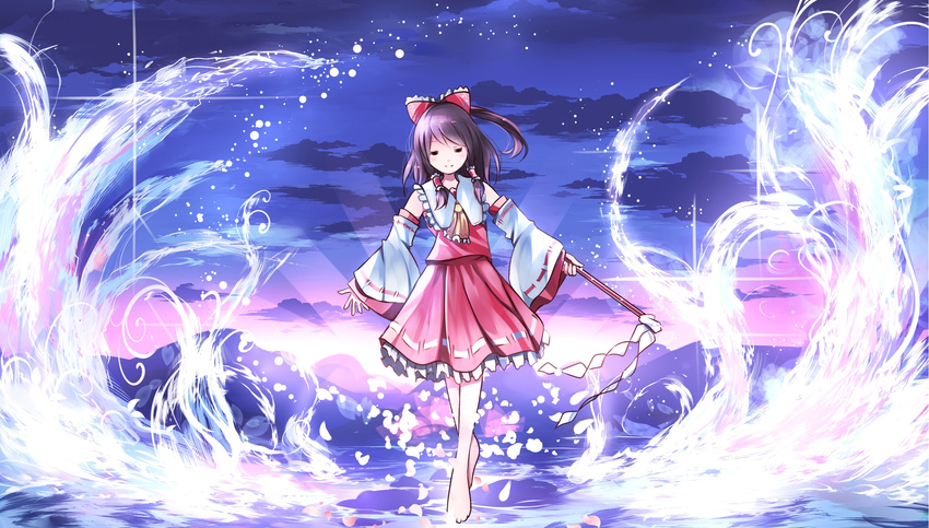 ascot backlighting bare_shoulders barefoot bow brown_hair closed_mouth collar frilled_shirt_collar frills full_body gohei hair_bow hair_tubes hakurei_reimu highres holding light_rays long_sleeves ponytail red_bow red_ribbon red_vest ribbon ribbon-trimmed_sleeves ribbon_trim risutaru sidelocks smile solo splashing spread_fingers sunlight sunrise touhou vest walking walking_on_liquid water water_drop wide_sleeves