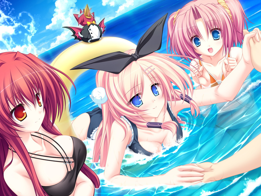 77 amane_ruru bare_shoulders bikini blonde_hair blue_eyes blush breasts cleavage female game_cg highres karen_lux_victoria kazamai_sakura long_hair looking_at_viewer mikagami_mamizu multiple_girls ocean open_mouth pink_hair red_eyes red_hair smile swimsuit tenmaso water whirlpool