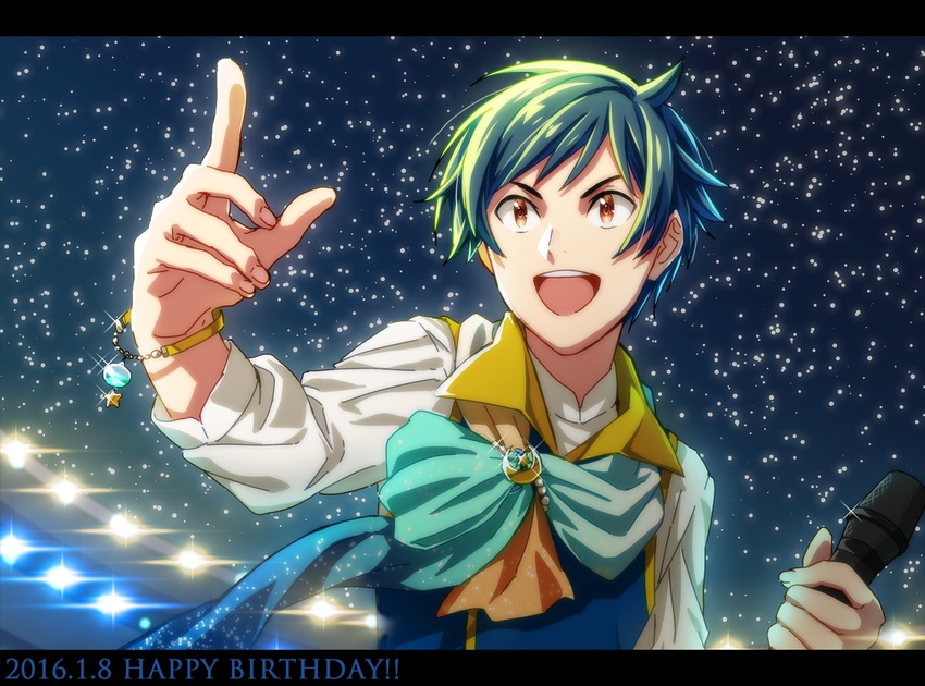 blue_hair bracelet brown_eyes close-up happy_birthday idolmaster idolmaster_side-m igari_leo ikuwataru_nagomi jewelry letterboxed looking_up male_focus microphone moon_(ornament) night night_sky open_mouth pointing scarf sky smile solo sparkle stage_lights star_(sky) starry_sky upper_body