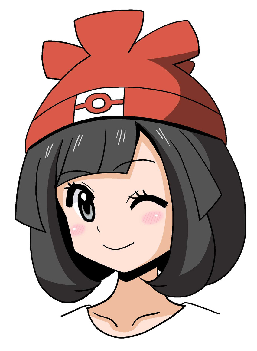 bangs black_hair blush hat highres koutarosu mizuki_(pokemon) one_eye_closed pokemon pokemon_(game) pokemon_sm smile solo swept_bangs