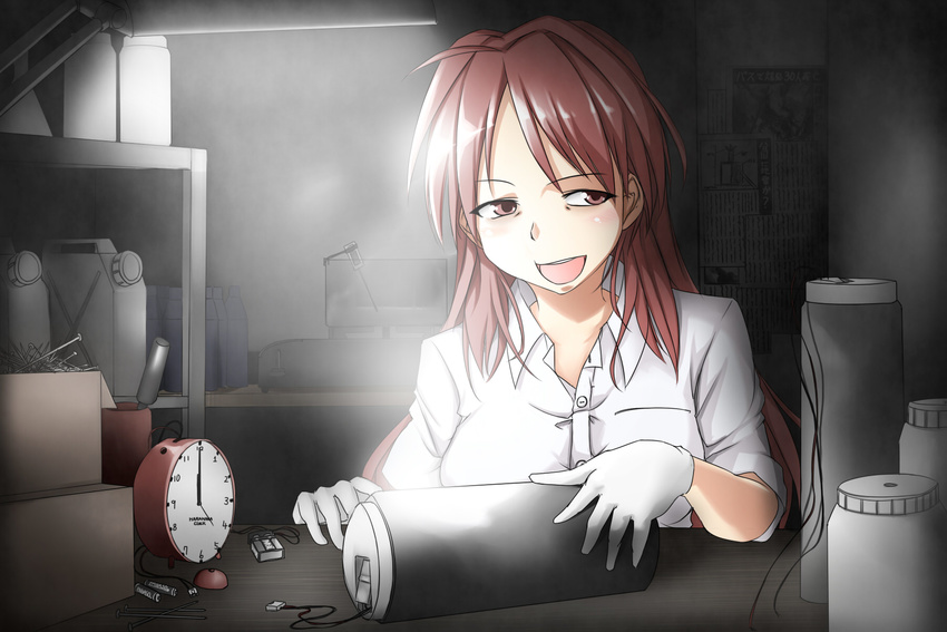 :d ahoge alarm_clock analog_clock bangs bomb box buttons clock collared_shirt commentary_request erikku_(kata235) explosive gloves highres indoors nail open_mouth original shirt smile smoke solo terrorist time_bomb weapon white_gloves white_shirt wire