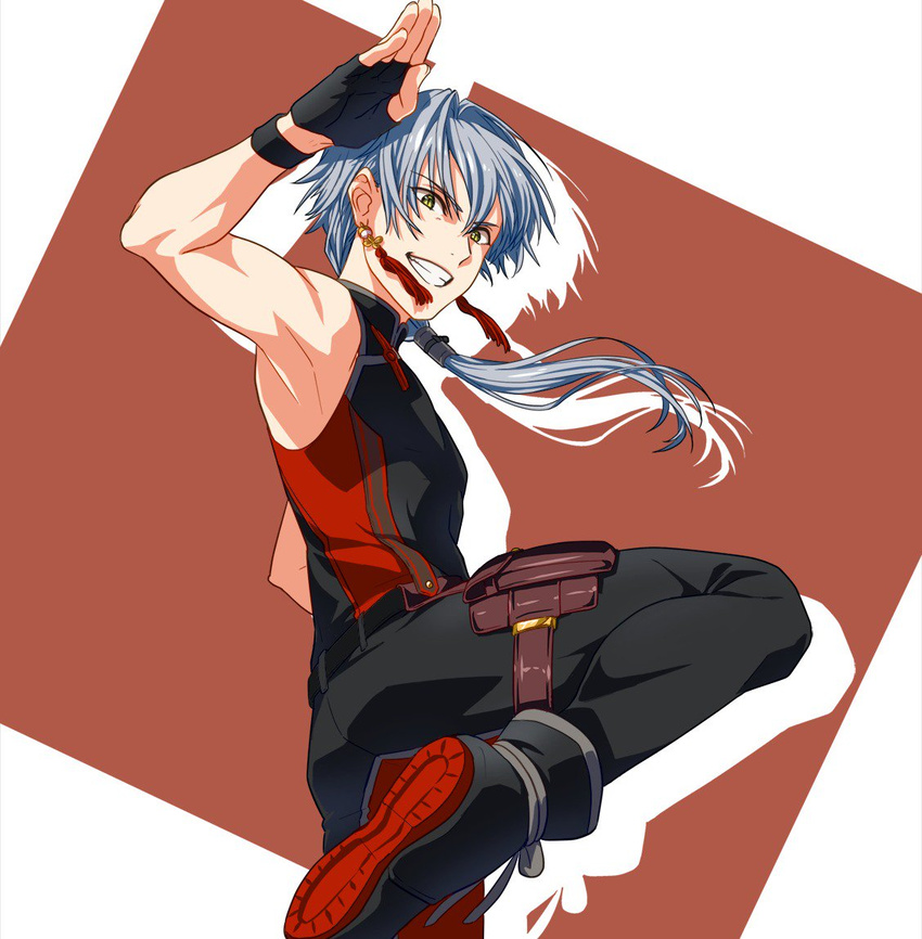 ass earrings fingerless_gloves gloves grin idolmaster idolmaster_side-m ikuwataru_nagomi jewelry kizaki_ren leg_lift male_focus salute silver_hair sleeveless smile solo yellow_eyes